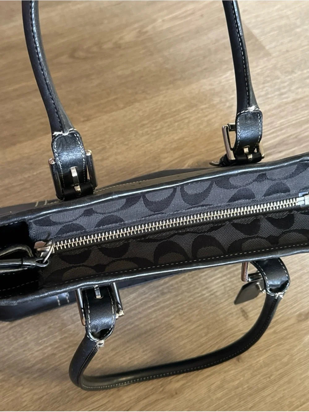 Coach Black Signature Satchel with Leather Trim and Top Handles